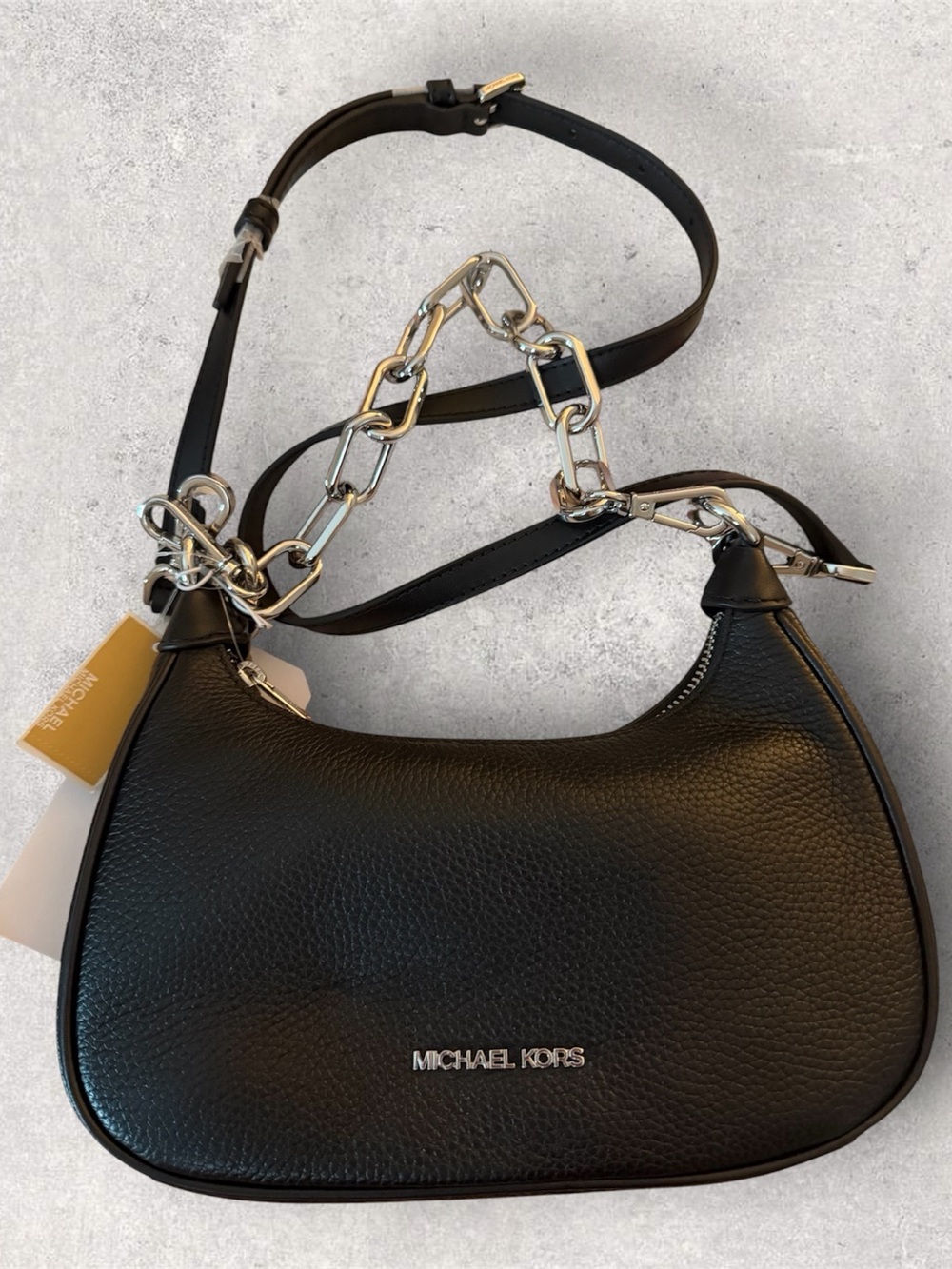 Michael Kors Black Pebbled Leather Chain-Accent CORA Pouchette Shoulder Purse